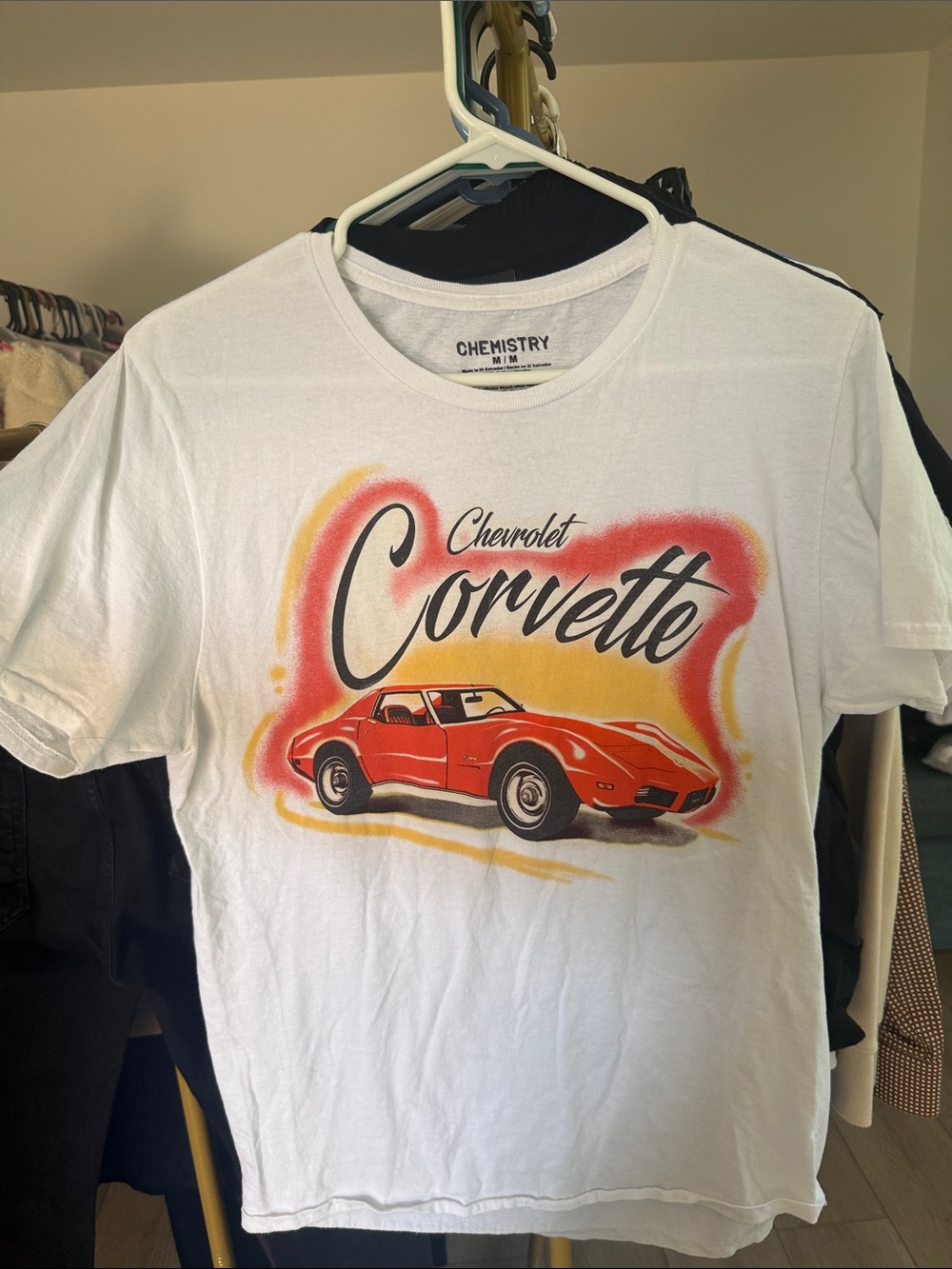 Chemistry White Tee with Red Chevrolet Corvette Graphic